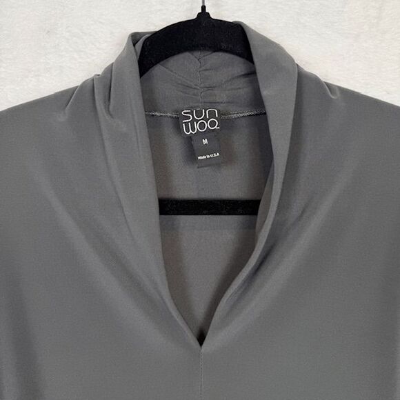 Clara Sun Woo Dark Gray Asymmetric Tunic Top Ruched Sleeve V-Neck Size Medium - Picture 4 of 11